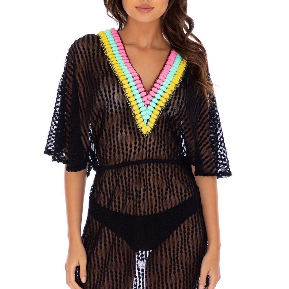 Luli Fama Black Mesh Cover-Up with Vibrant Trim